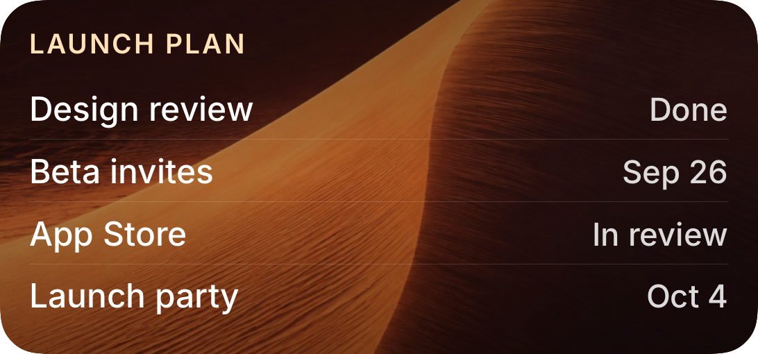 A launch plan list with four rows: Design review done, Beta invites Sep 26, App Store in review, Launch party Oct 4