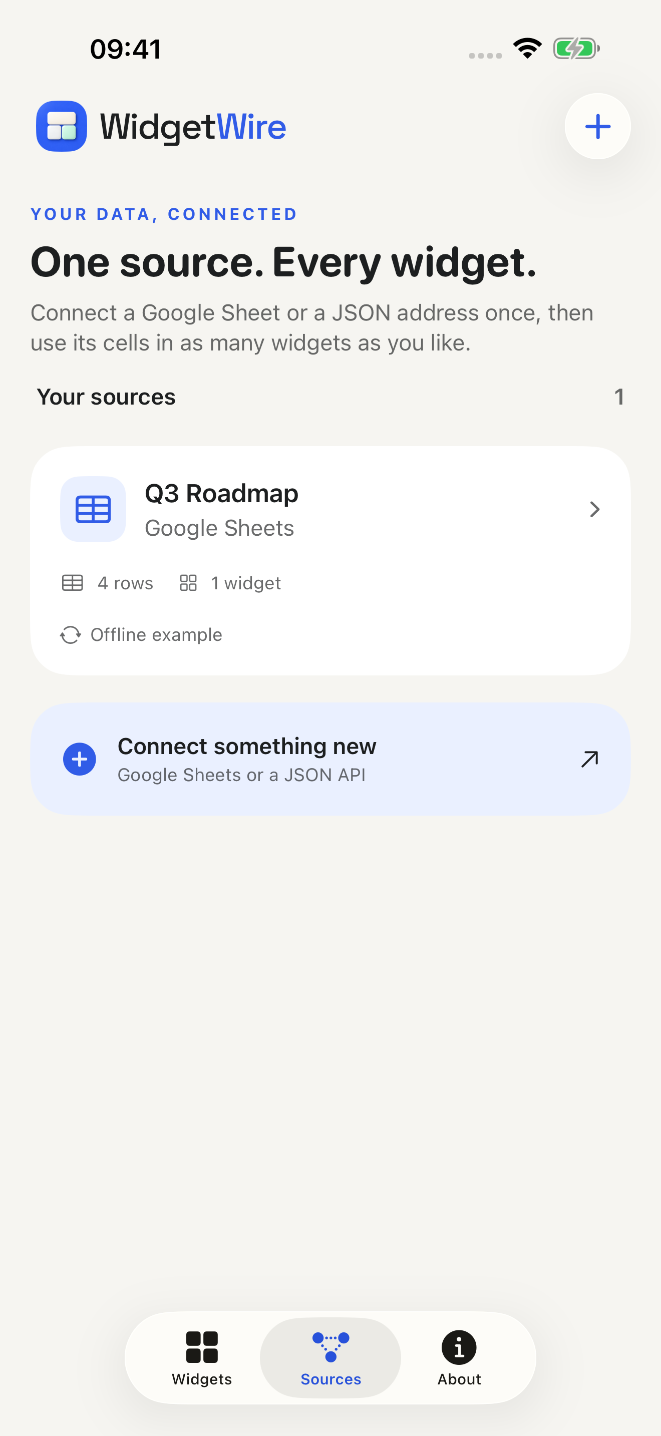 The Sources screen: One source. Every widget. A connected Q3 Roadmap Google Sheet used by a widget